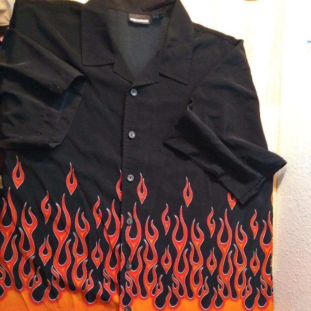 Vintage ODO Flames Fire Rockabilly Polyester Disco Shirt